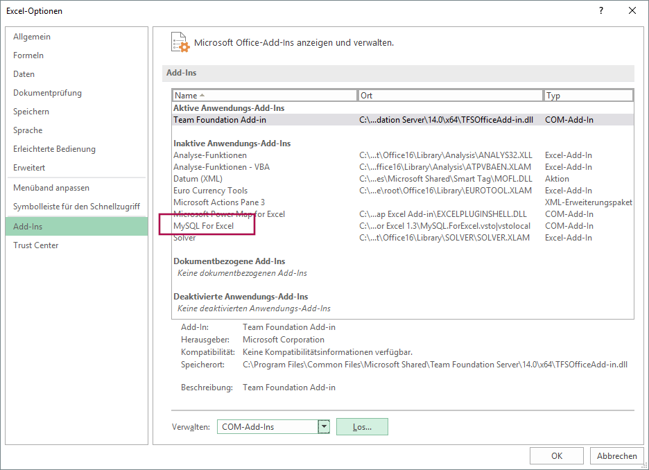 excel add ins liste